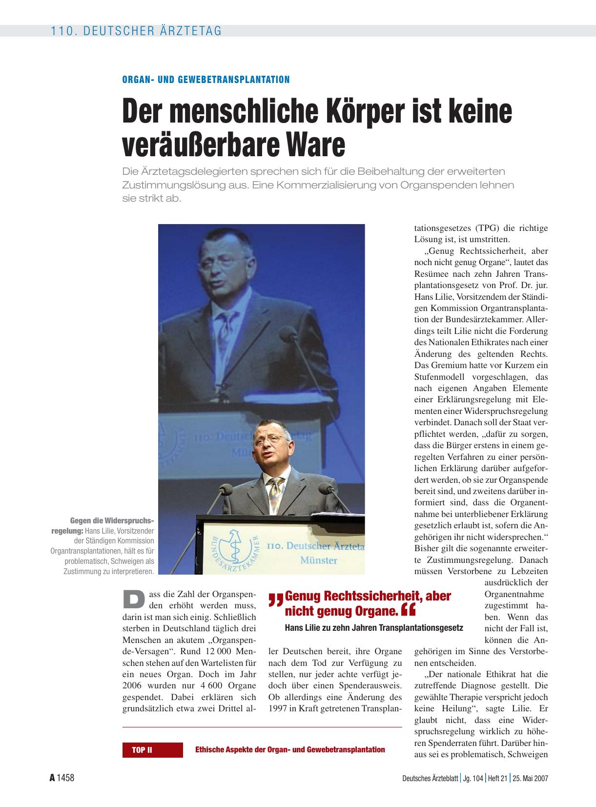 Vorschauseite 1: Organund Gewebetransplantation: Der menschliche Körper ist keine veräußerbare Ware