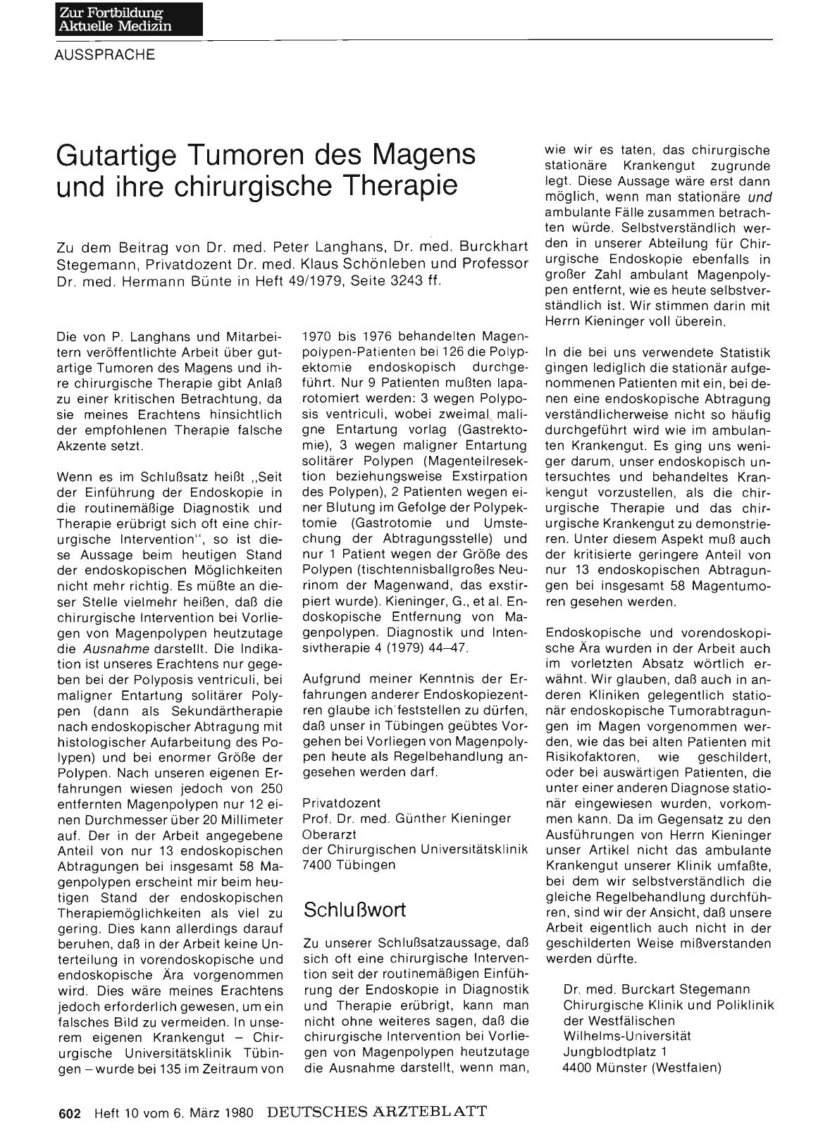 Vorschauseite 1: Gutartige Tumoren des Magens und ihre chirurgische Therapie