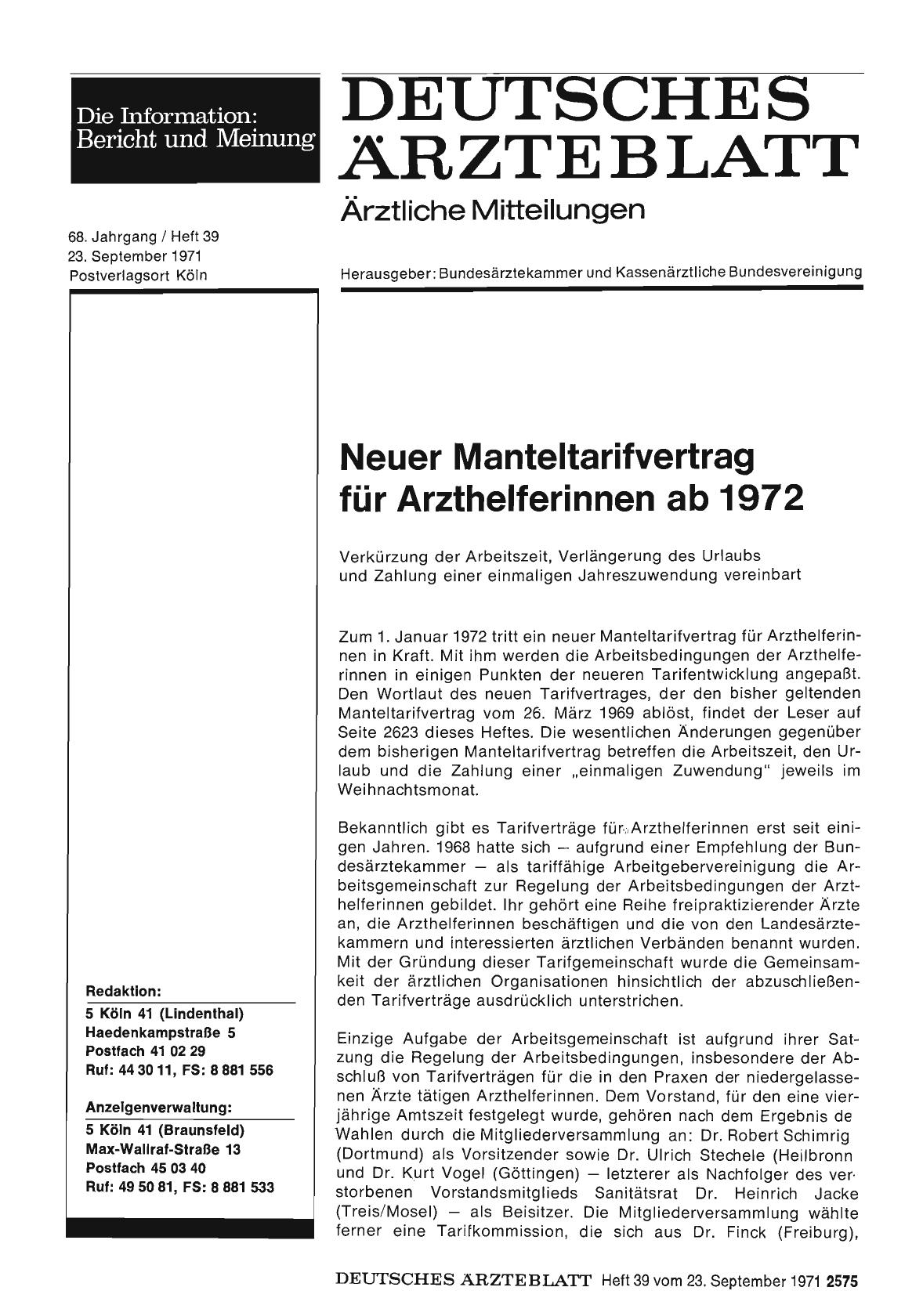 Vorschauseite 1: Neuer Manteltarifvertrag für Arzthelferinnen ab 1972
