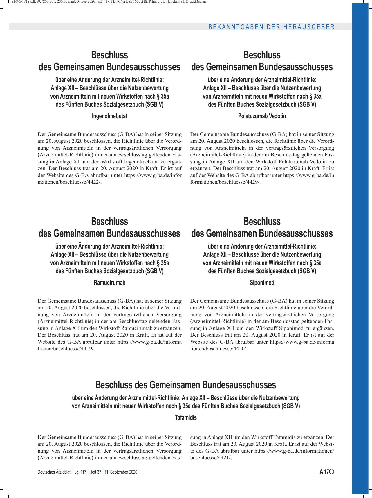 Vorschauseite 1: Beschluss des Gemeinsamen Bundesausschusses über eine Änderung der Arzneimittel-Richtlinie: Anlage XII – Ingenolmebutat