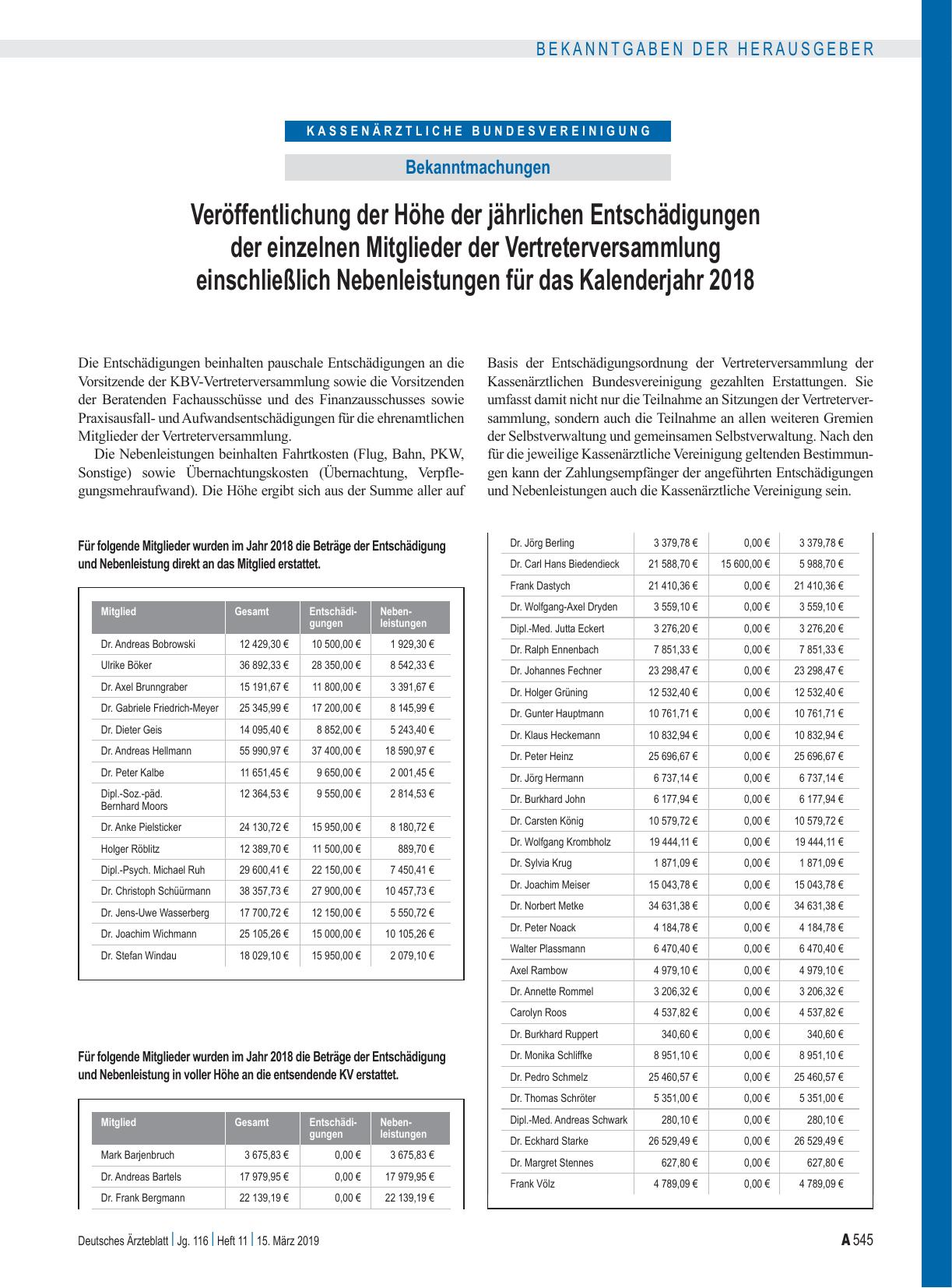 Vorschauseite 1: Veröffentlichung der Höhe der jährlichen Entschädigungen der einzelnen Mitglieder der Vertreterversammlung einschließlich Nebenleistungen für das Kalenderjahr 2018