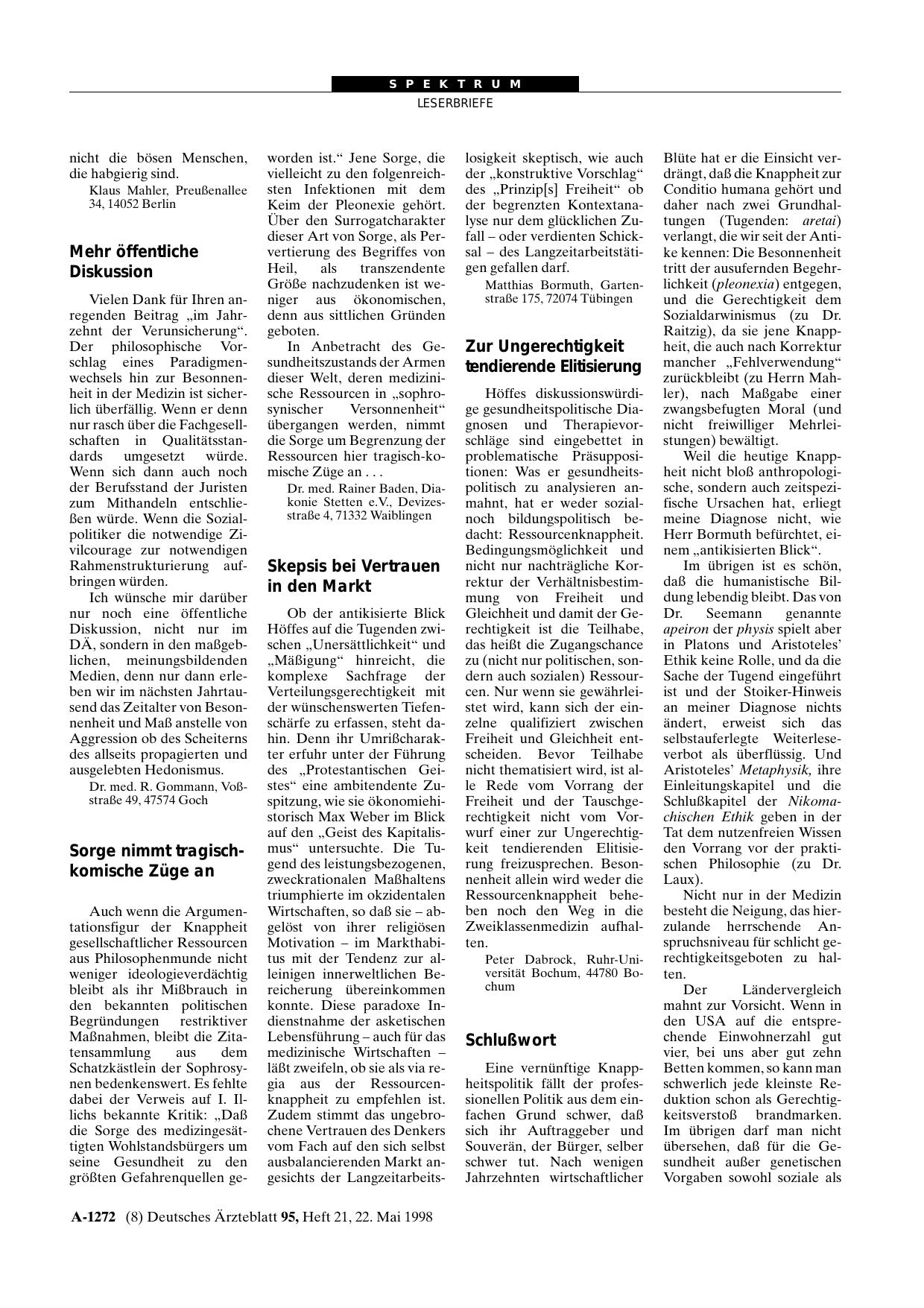 Vorschauseite 1: Medizinethik: Schlußwort