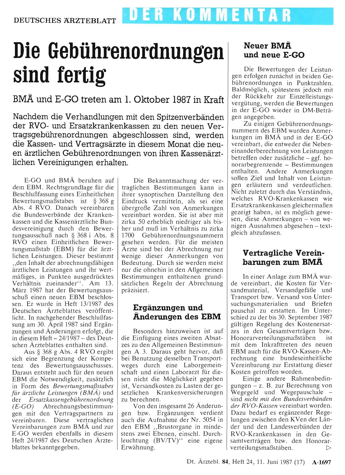 Vorschauseite 1: Die Gebührenordnungen sind fertig: BMÄ und E-GO treten am 1. Oktober 1987 in Kraft