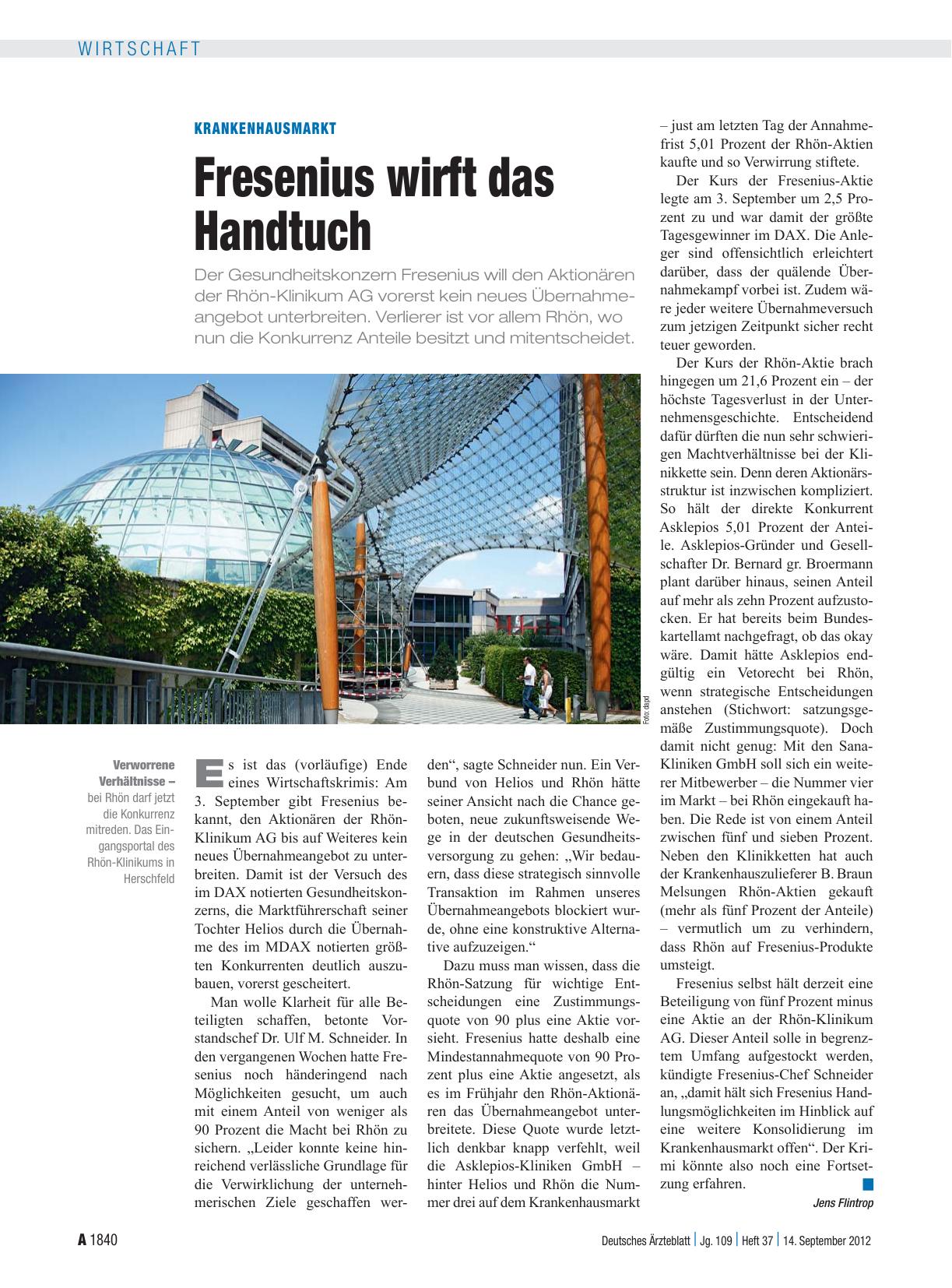 Vorschauseite 1: Krankenhausmarkt: Fresenius wirft das Handtuch