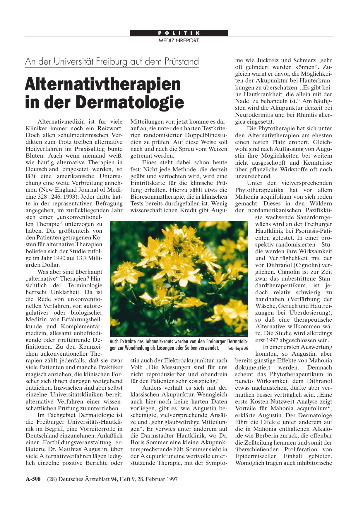 Vorschauseite 1: An der Universität Freiburg auf dem Prüfstand: Alternativtherapien in der Dermatologie