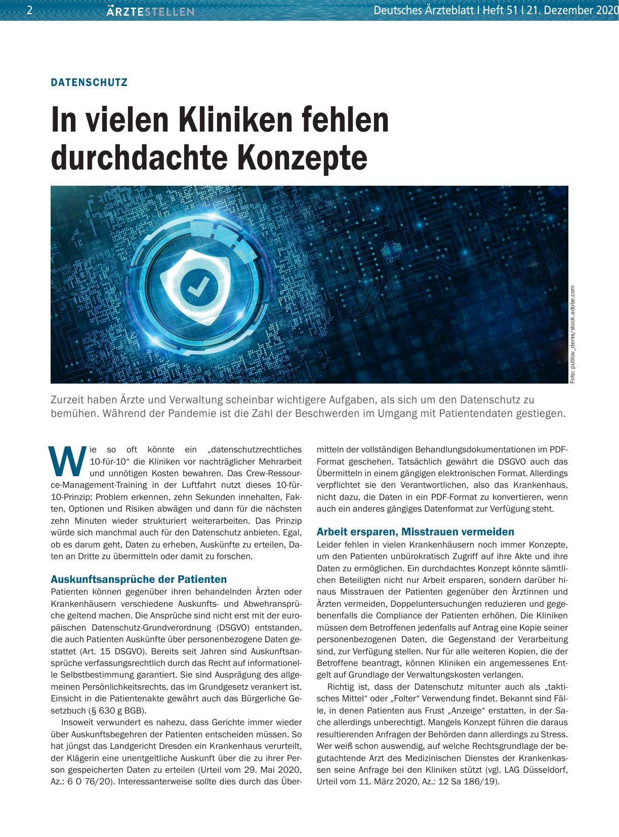 Vorschauseite 1: Datenschutz: In vielen Kliniken fehlen durchdachte Konzepte