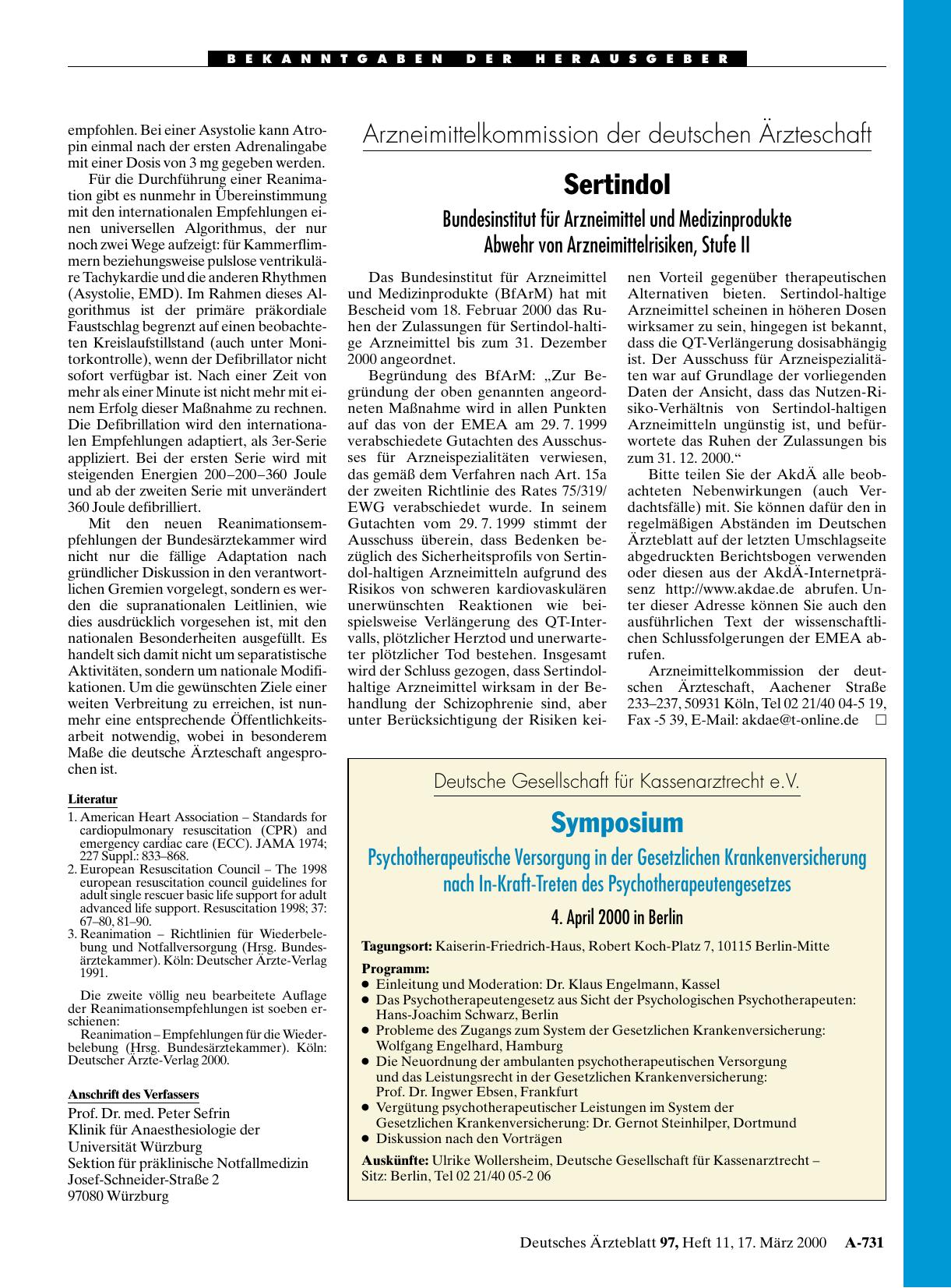 Vorschauseite 1: Arzneimittelkommission der deutschen Ärzteschaft: Sertindol