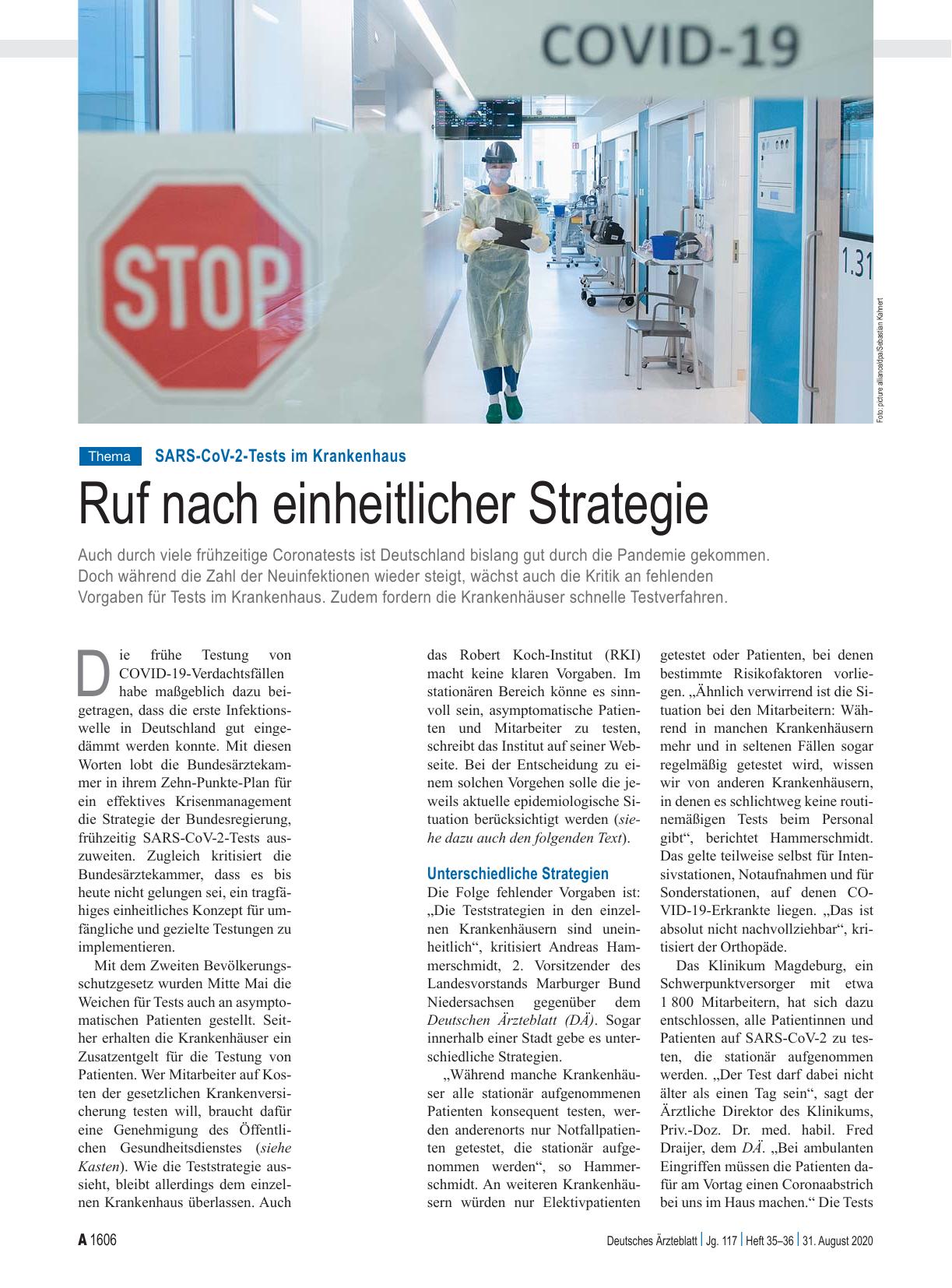 Vorschauseite 1: SARS-CoV-2-Tests im Krankenhaus: Ruf nach einheitlicher Strategie