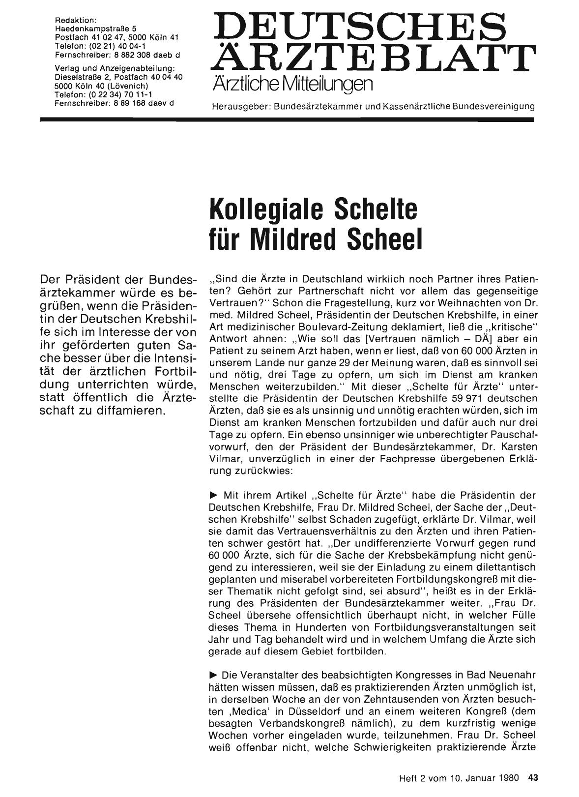 Vorschauseite 1: Kollegiale Schelte für Mildred Scheel