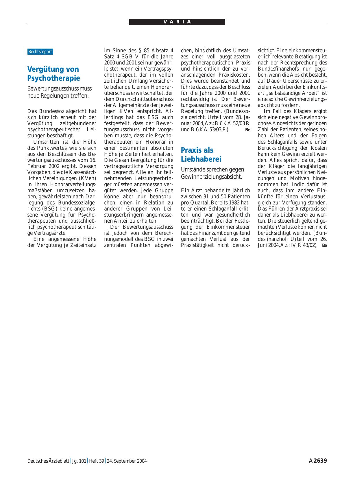 Vorschauseite 1: Vergütung von Psychotherapie: Bewertungsausschuss muss neue Regelungen treffen