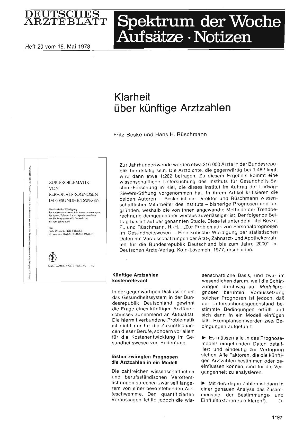 Vorschauseite 1: Klarheit über künftige Arztzahlen