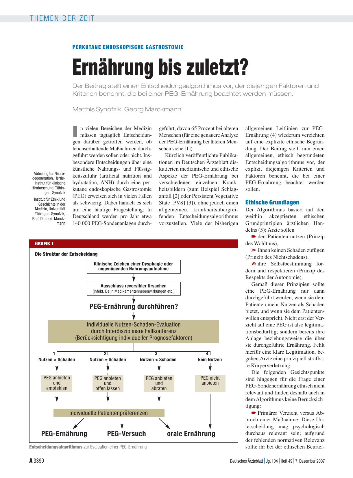 Vorschauseite 1: Perkutane endoskopische Gastrostomie: Ernährung bis zuletzt?