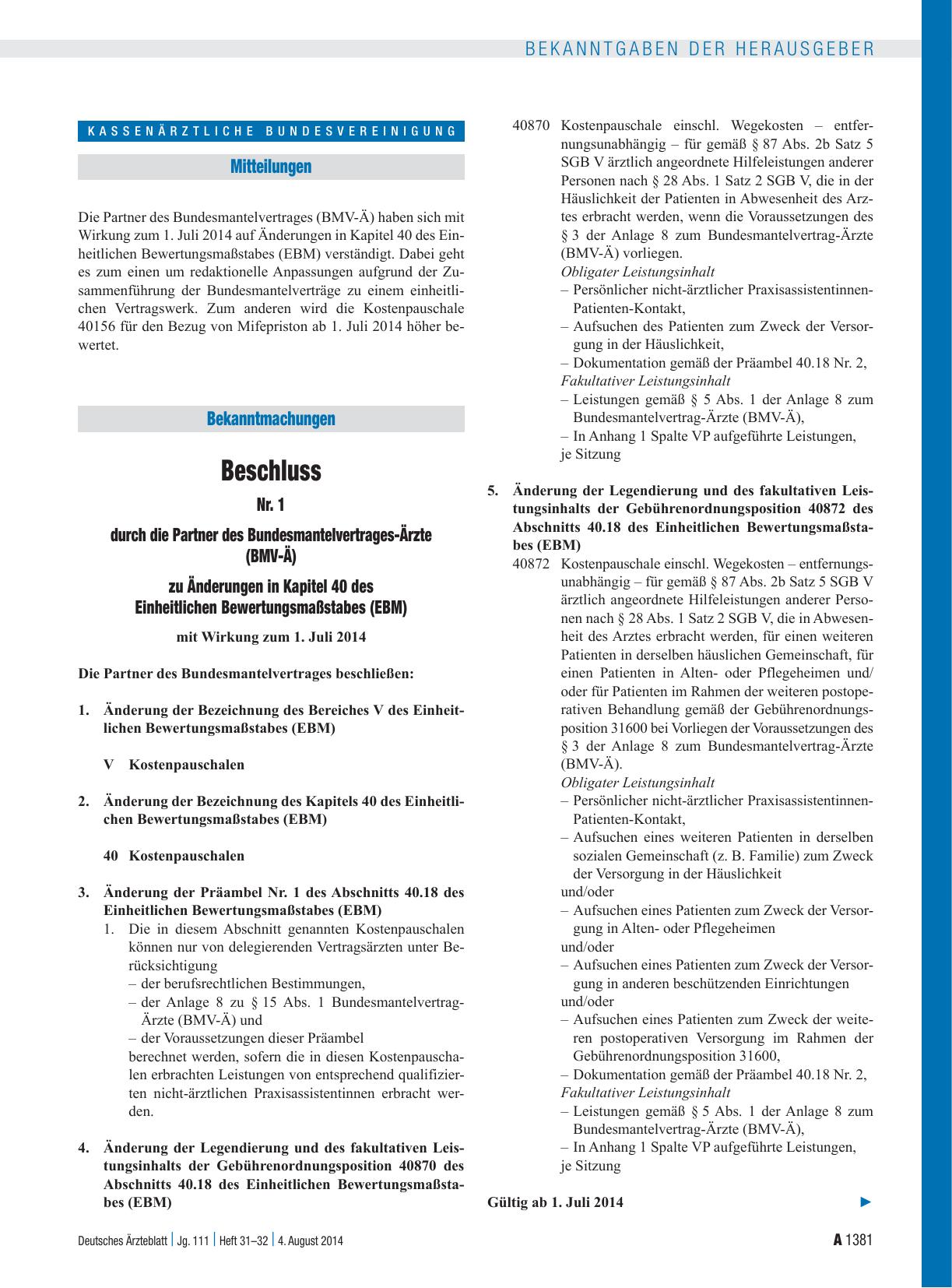 Vorschauseite 1: Beschluss Nr. 1 durch die Partner des Bundesmantelvertrages-Ärzte (BMV-Ä) zu Änderungen in Kapitel 40 des Einheitlichen Bewertungsmaßstabes (EBM)