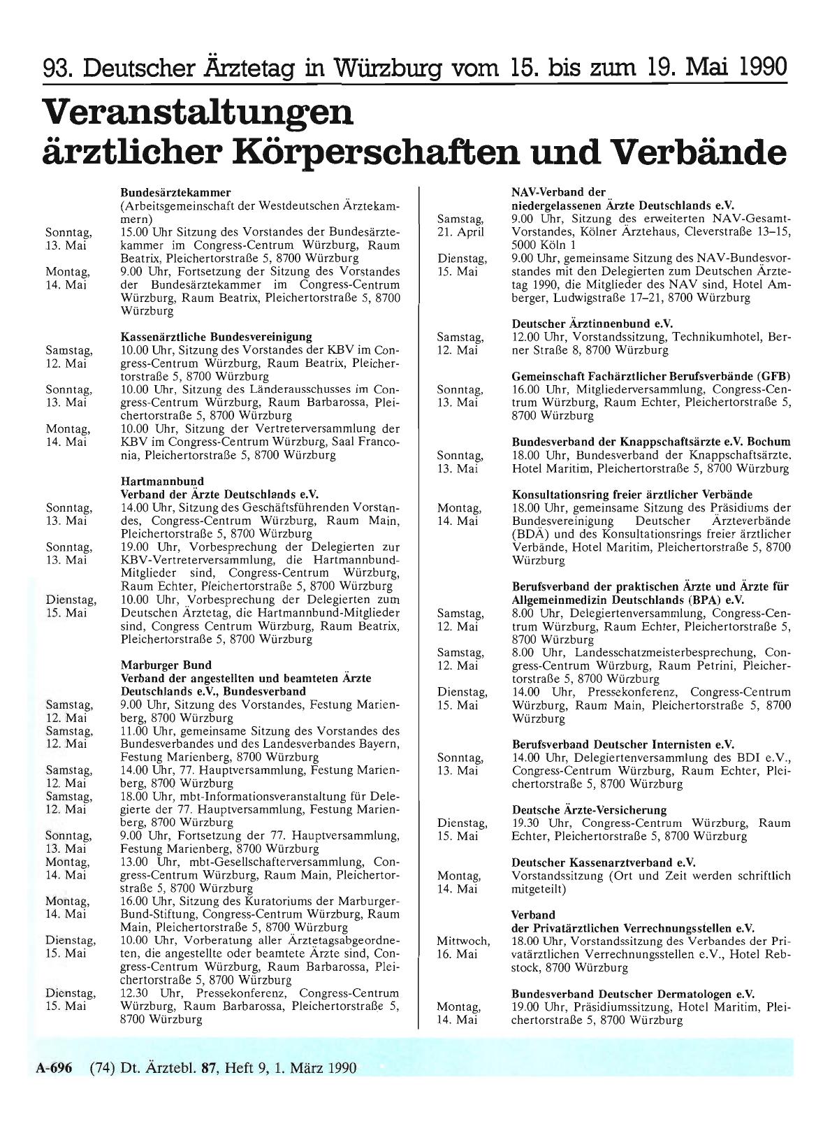 Vorschauseite 1: 93. Deutscher Ärztetag in Würzburg vom 15. bis zum 19. Mai 1990 Veranstaltungen ärztlicher Körperschaften und Verbände
