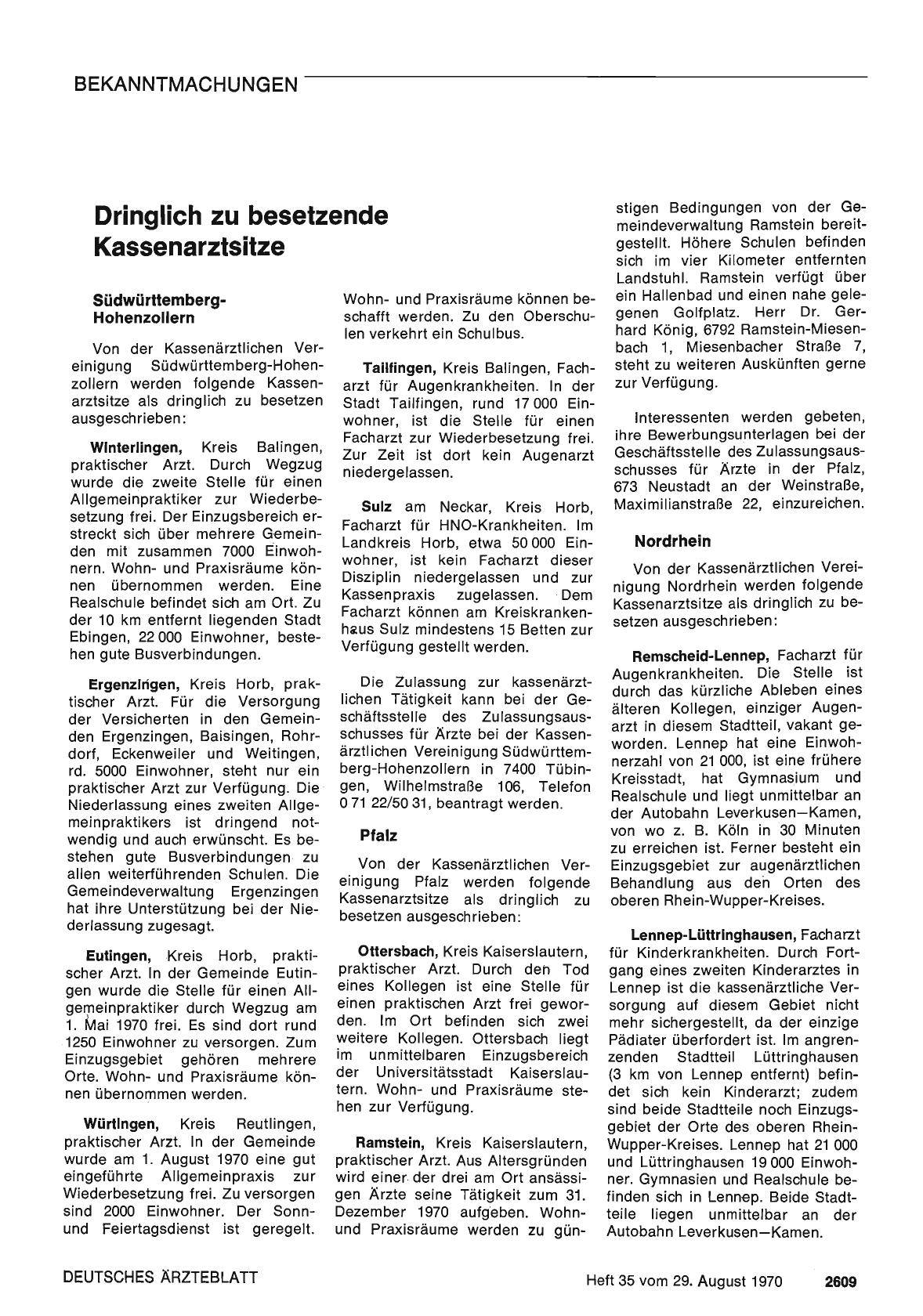 Vorschauseite 1: Dringlich zu besetzende Kassenarztsitze