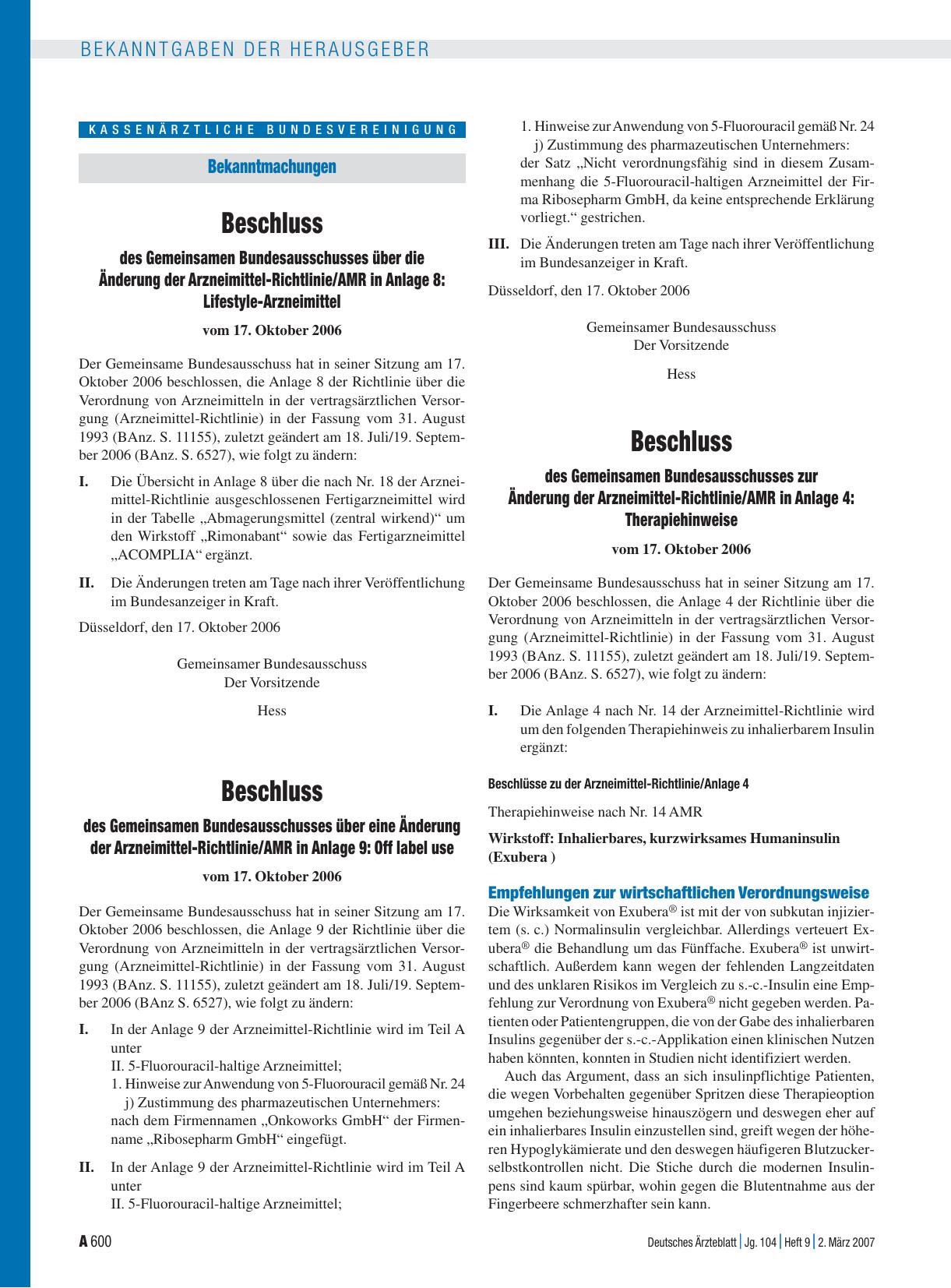 Vorschauseite 1: Beschluss des Gemeinsamen Bundesausschusses über die Änderung der Arzneimittel-Richtlinie/AMR in Anlage 8: Lifestyle-Arzneimittel vom 17. Oktober 2006