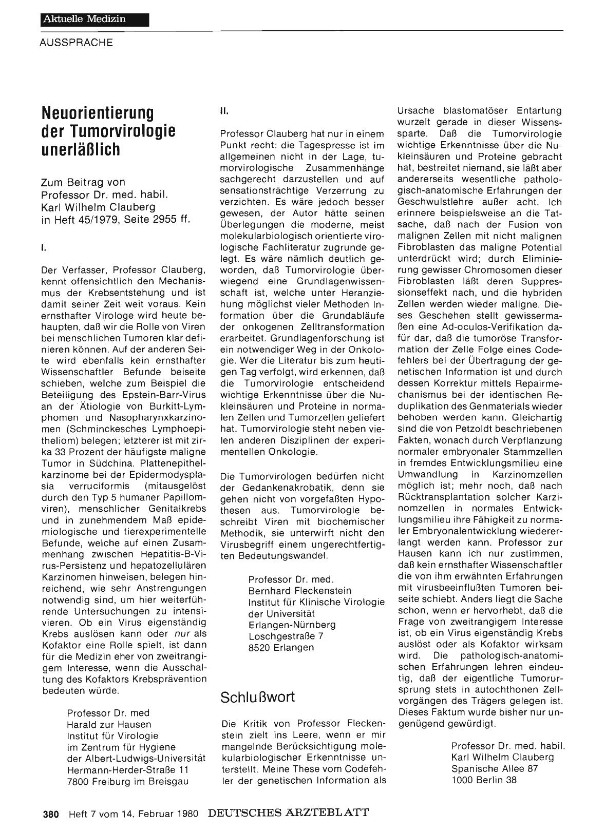Vorschauseite 1: Neuorientierung der Tumorvirologie unerläßlich: Schlußwort