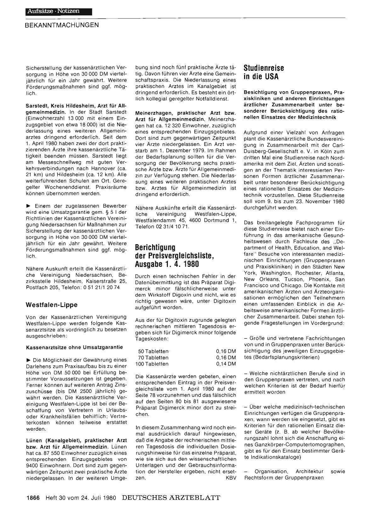 Vorschauseite 1: Berichtigung der Preisvergleichsliste, Ausgabe 1. 4. 1980