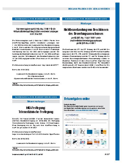 Vorschauseite 1: Nichtbeanstandung von Beschlüssen des Bewertungsausschusses gemäß § 87 Abs. 1 Satz 1 SGB V sowie des Erweiterten Bewertungsausschusses gemäß § 87 Abs. 4 SGB V