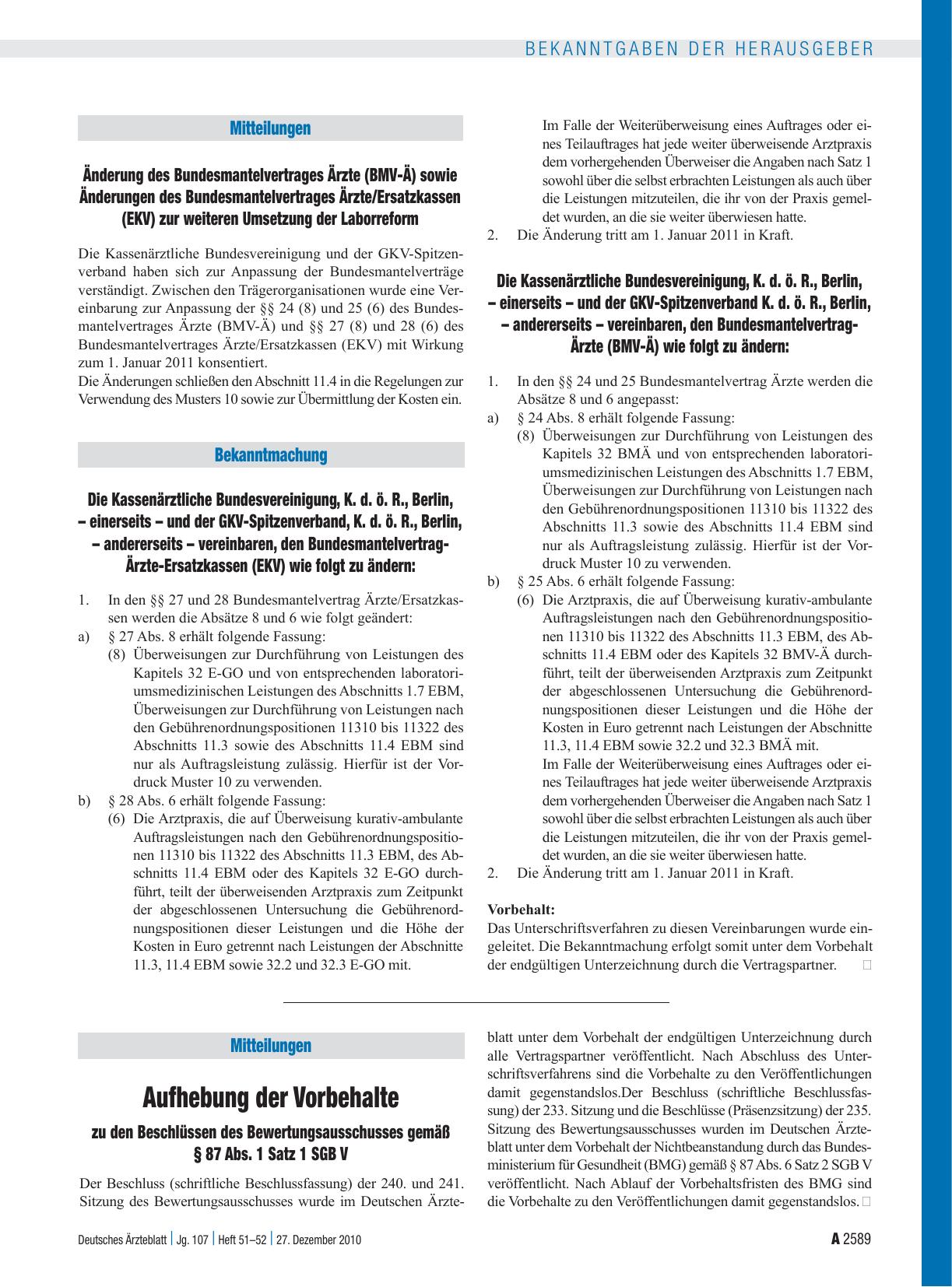 Vorschauseite 1: Aufhebung der Vorbehalte zu den Beschlüssen des Bewertungsausschusses gemäß § 87 Abs. 1 Satz 1 SGB V