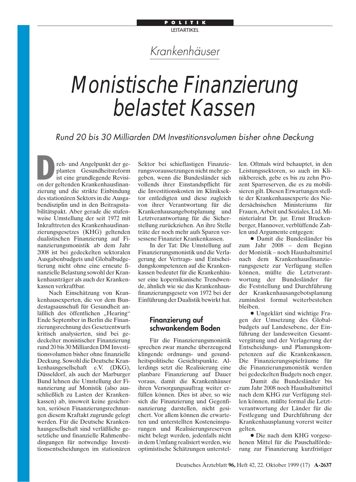 Vorschauseite 1: Krankenhäuser: Monistische Finanzierung belastet Kassen