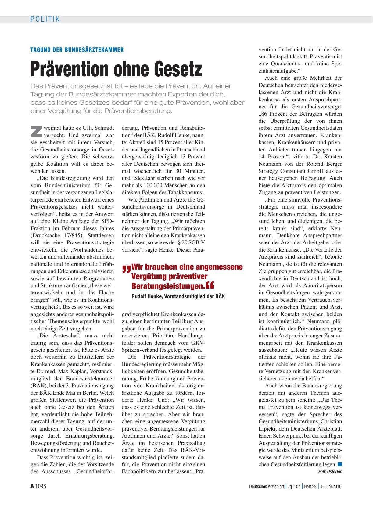Vorschauseite 1: Tagung der Bundesärztekammer: Prävention ohne Gesetz