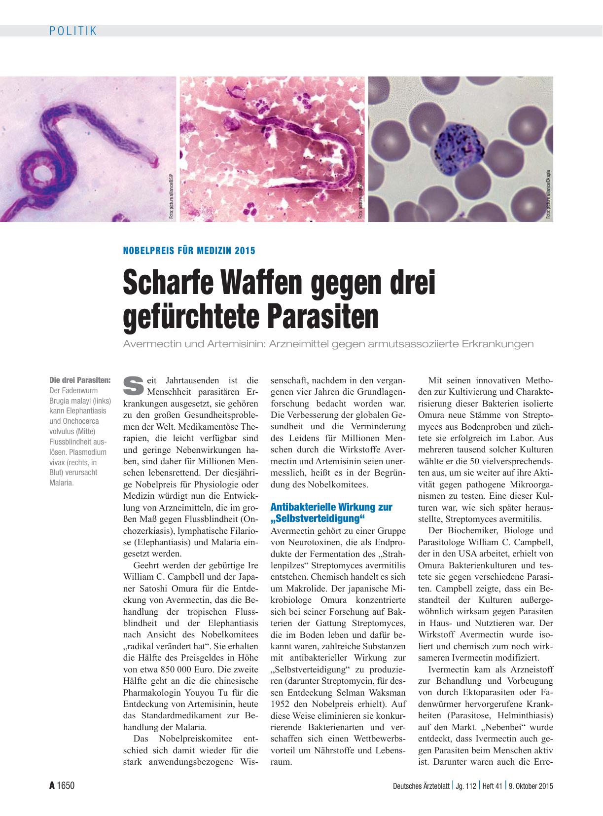 Vorschauseite 1: Nobelpreis für Medizin 2015: Scharfe Waffen gegen drei gefürchtete Parasiten
