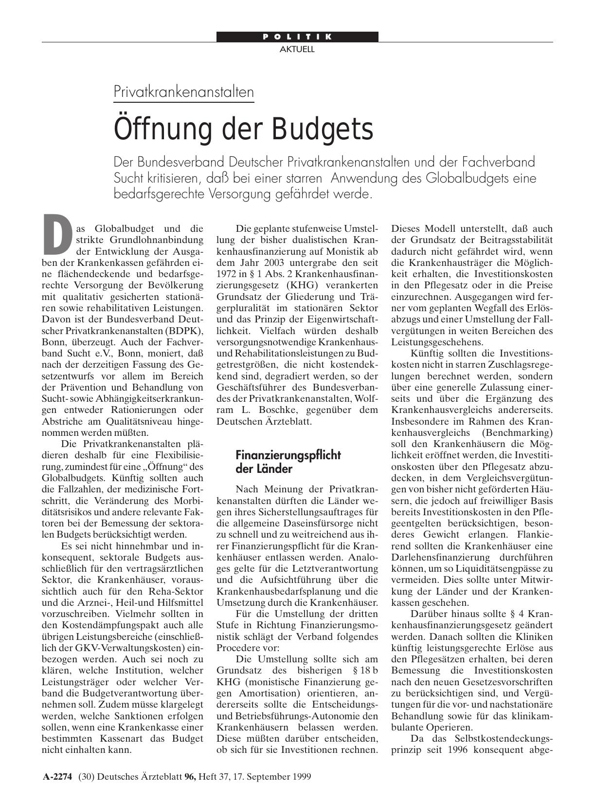 Vorschauseite 1: Privatkrankenanstalten: Öffnung der Budgets