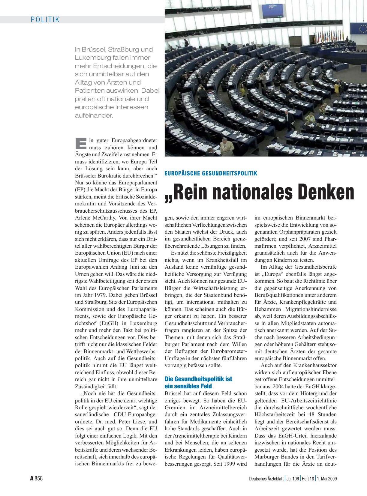 Vorschauseite 1: Europäische Gesundheitspolitik: „Rein nationales Denken ist gefährlich provinziell“