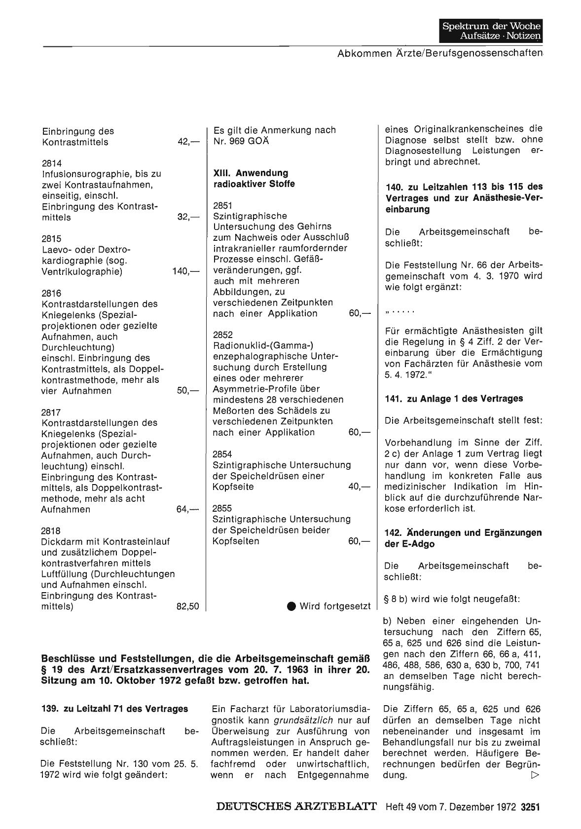 Vorschauseite 1: Beschlüsse und Feststellungen, die die Arbeitsgemeinschaft gemäß § 19 des Arzt/Ersatzkassenvertrages vom 20. 7. 1963 in ihrer 20. Sitzung am 10. Oktober 1972 gefaßt bzw. getroffen…