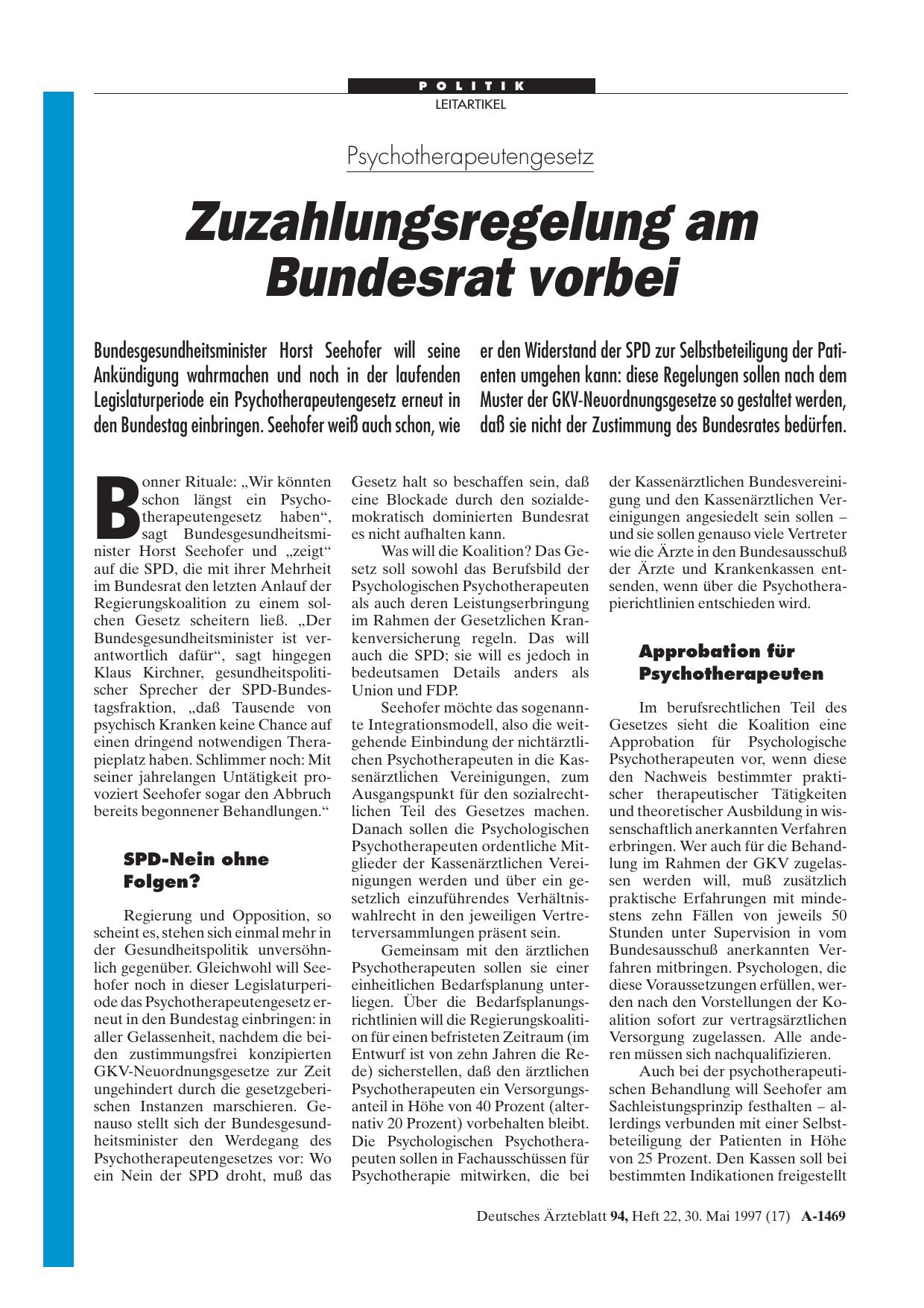 Vorschauseite 1: Psychotherapeutengesetz: Zuzahlungsregelung am Bundesrat vorbei