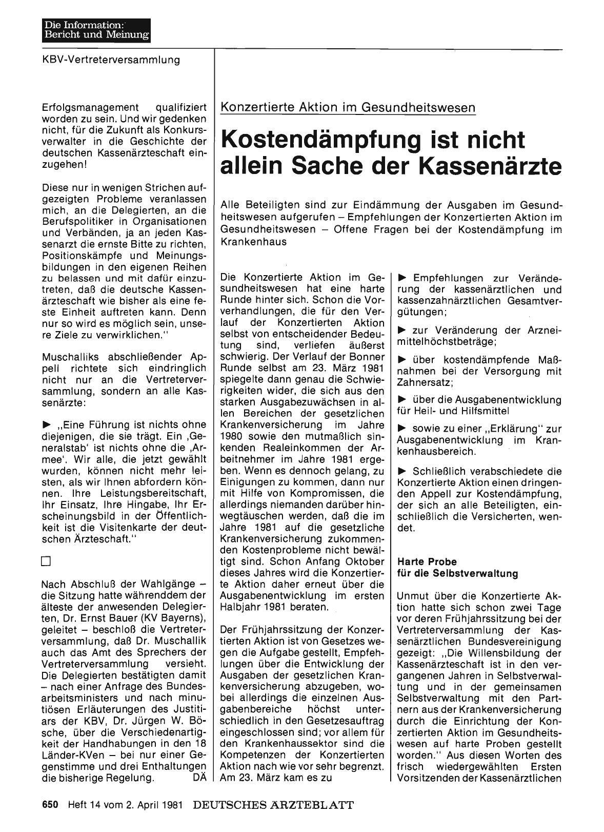 Vorschauseite 1: Konzertierte Aktion im Gesundheitswesen: Kostendämpfung ist nicht allein Sache der Kassenärzte