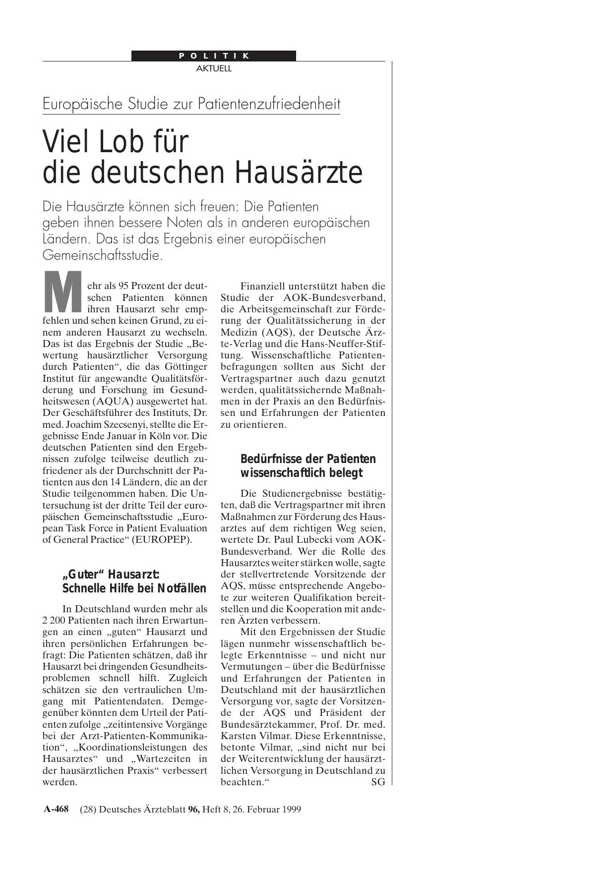Vorschauseite 1: Europäische Studie zur Patientenzufriedenheit: Viel Lob für die deutschen Hausärzte