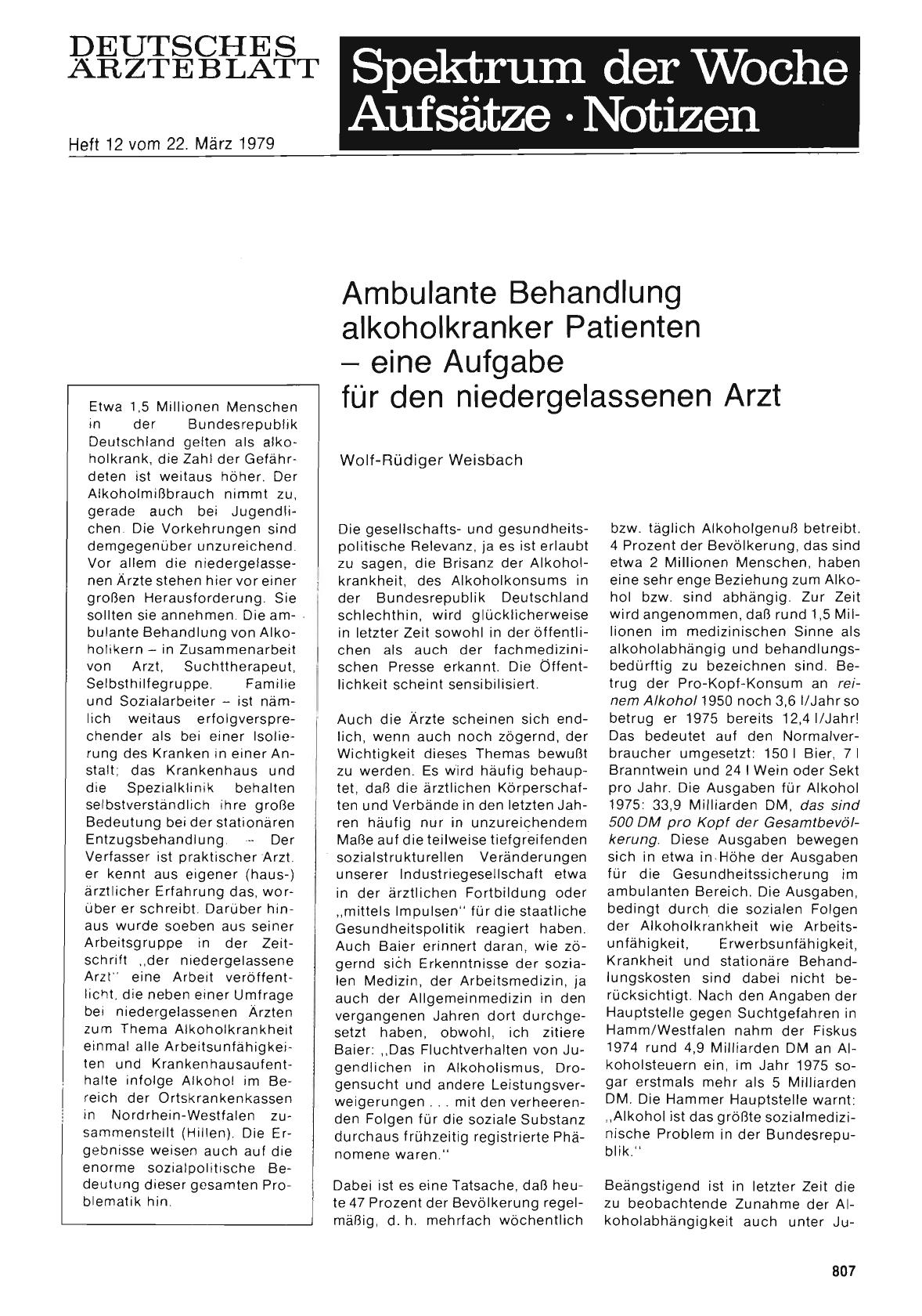 Vorschauseite 1: Ambulante Behandlung alkoholkranker Patienten — eine Aufgabe für den niedergelassenen Arzt