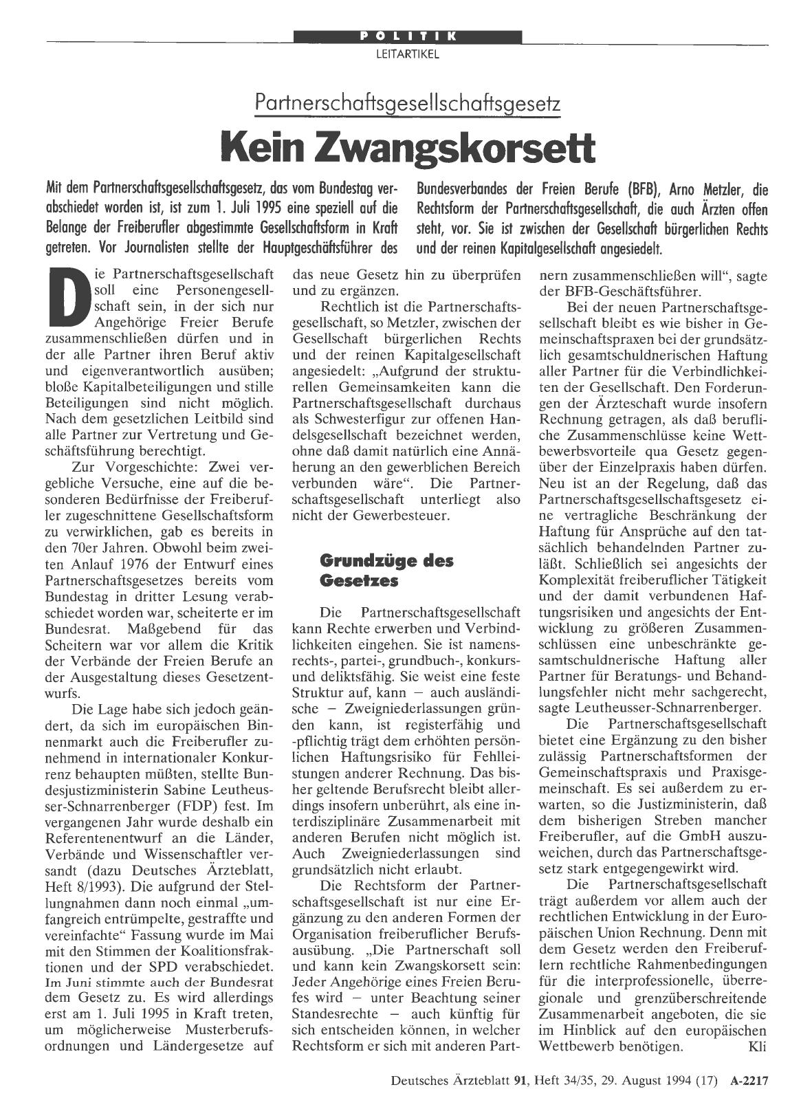 Vorschauseite 1: Partnerschaftsgesellschaftsgesetz: Kein Zwangskorsett