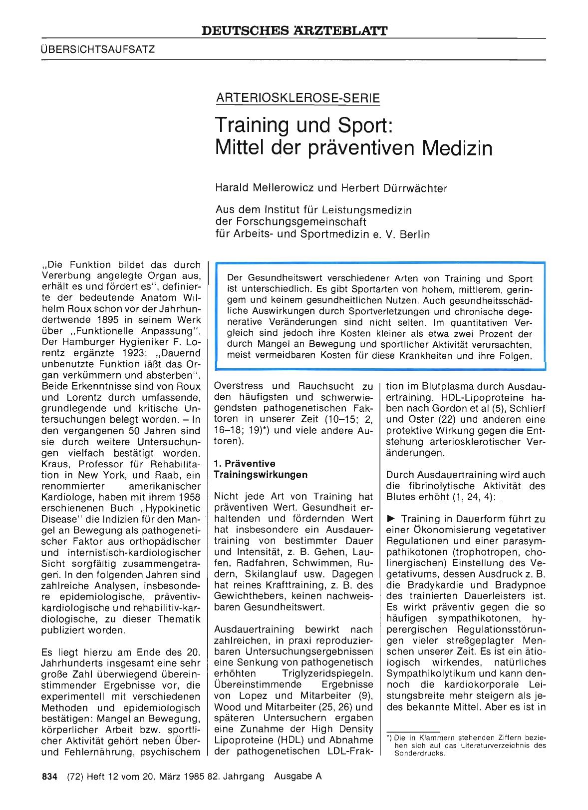 Vorschauseite 1: ARTERIOSKLEROSE-SERIE: Training und Sport: Mittel der präventiven Medizin