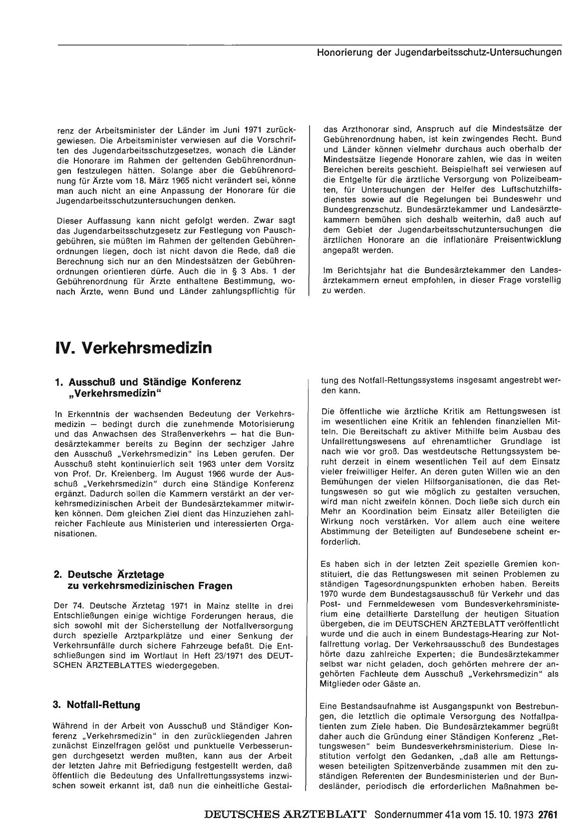 Vorschauseite 1: Bericht über das Jahr 1972/73: B. Gesundheitspolitik in Einzeldarstellungen: IV. Verkehrsmedizin