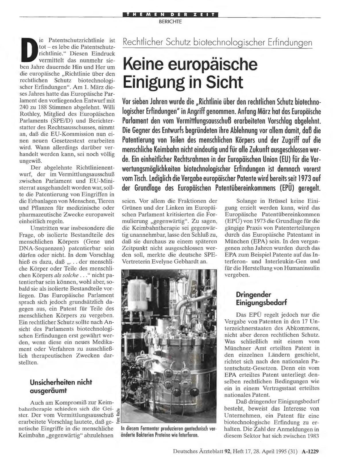 Vorschauseite 1: Rechtlicher Schutz biotechnologischer Erfindungen: Keine europäische Einigung in Sicht
