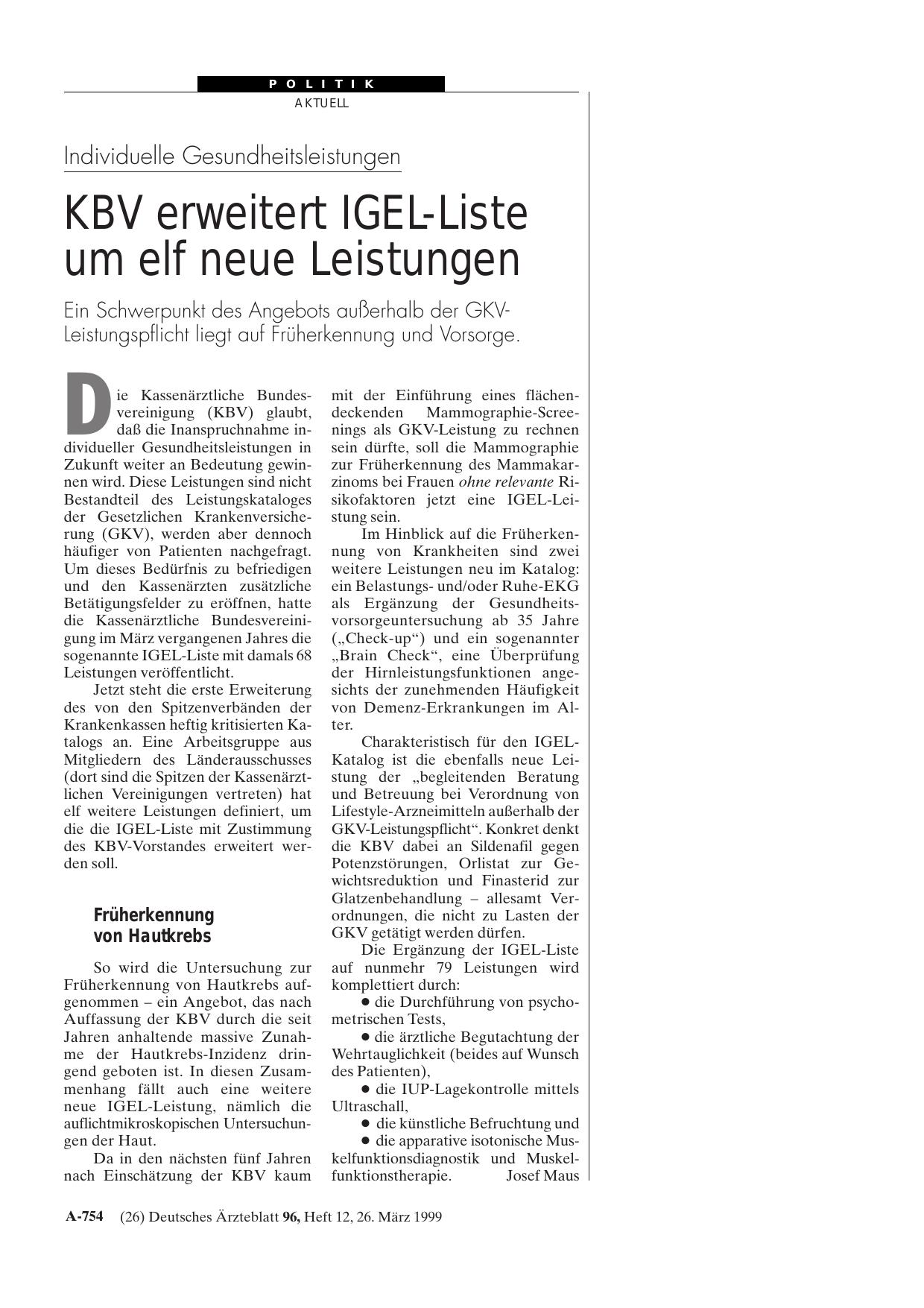 Vorschauseite 1: Individuelle Gesundheitsleistungen: KBV erweitert IGEL-Liste um elf neue Leistungen