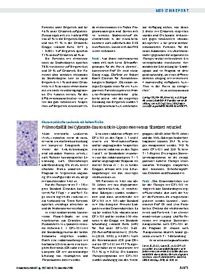 Vorschauseite 1: Akute myeloische Leukämie mit hohem Risiko: Frühmortalität bei Cytarabin-Daunorubicin-Liposomen versus Standard reduziert