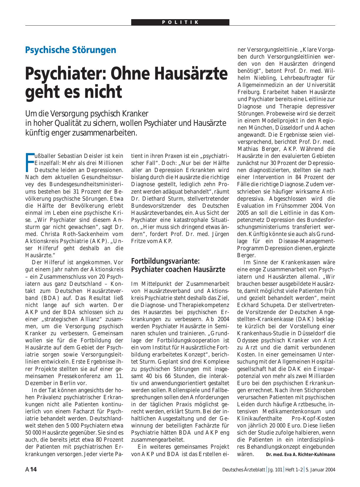 Vorschauseite 1: Psychische Störungen: Psychiater - Ohne Hausärzte geht es nicht