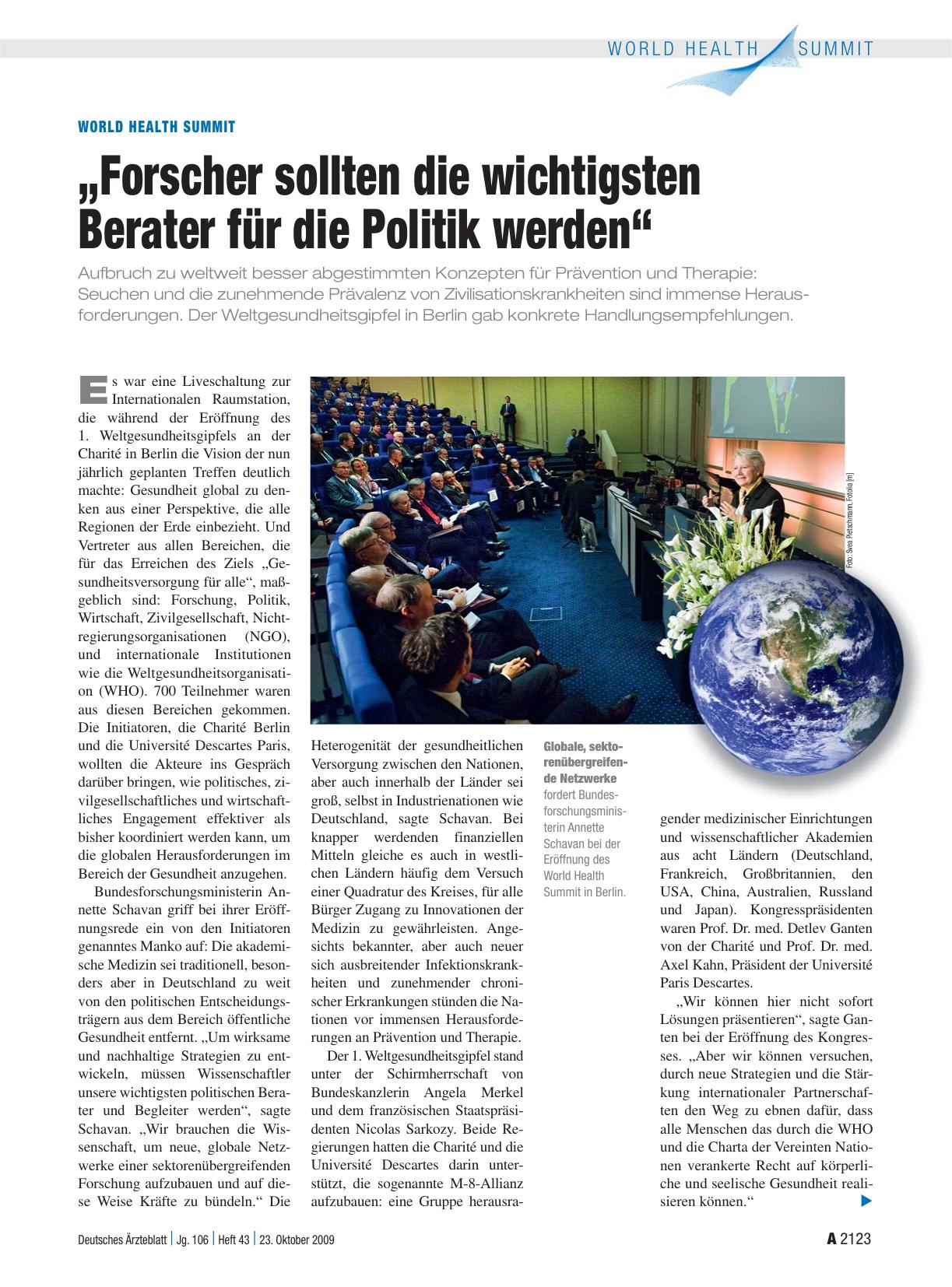 Vorschauseite 1: World Health Summit: „Forscher sollten die wichtigsten Berater für die Politik werden“