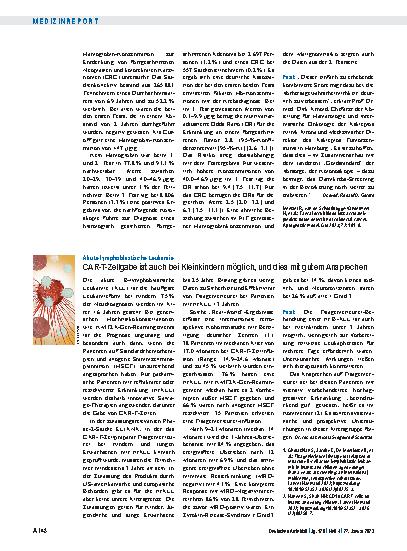 Vorschauseite 1: Akute lymphoblastische Leukämie: CAR-T-Zellgabe ist auch bei Kleinkindern möglich, und dies mit gutem Ansprechen