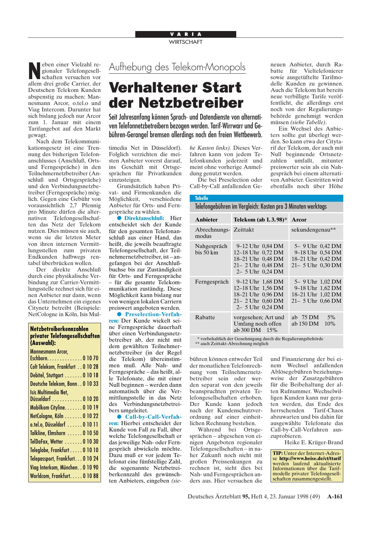 Vorschauseite 1: Aufhebung des Telekom-Monopols: Verhaltener Start der Netzbetreiber