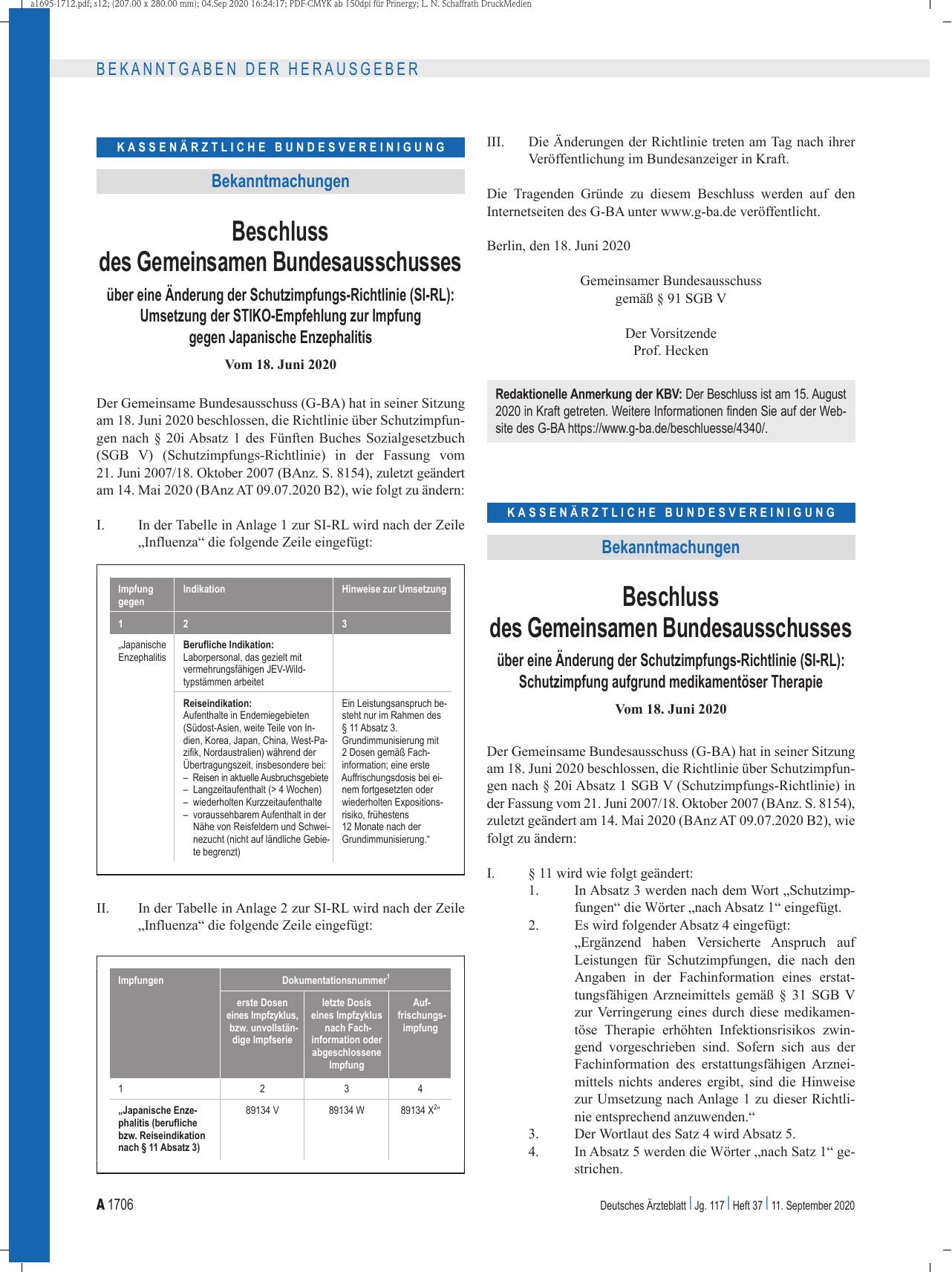 Vorschauseite 1: Beschluss des Gemeinsamen Bundesausschusses über eine Änderung der Schutzimpfungs-Richtlinie (SI-RL): Schutzimpfung aufgrund medikamentöser Therapie