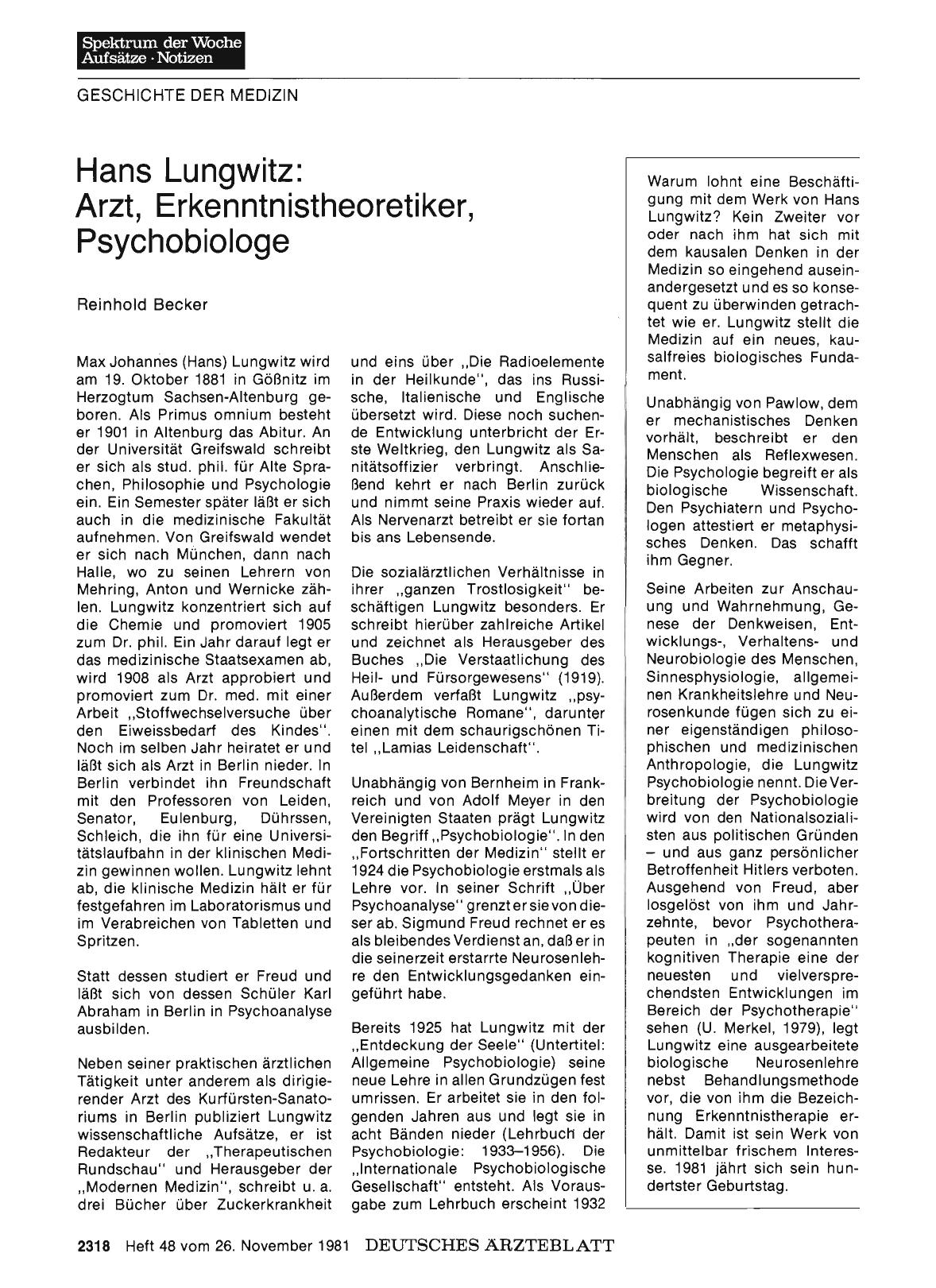 Vorschauseite 1: Hans Lungwitz: Arzt, Erkenntnistheoretiker, Psychobiologe