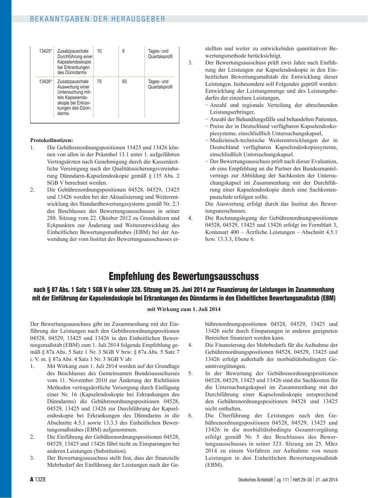 Vorschauseite 1: Empfehlung des Bewertungsausschuss nach § 87 Abs. 1 Satz 1 SGB V in seiner 328. Sitzung am 25. Juni 2014 zur Finanzierung der Leistungen im Zusammenhang mit der Einführung der Kap…