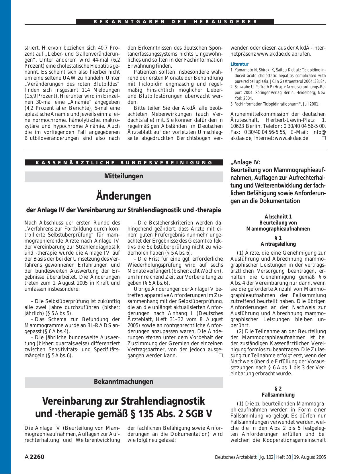 Vorschauseite 1: Bekanntmachungen: Vereinbarung zur Strahlendiagnostik und -therapie gemäß § 135 Abs. 2 SGB V