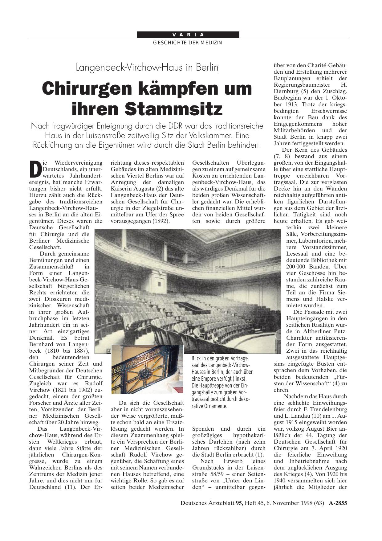 Vorschauseite 1: Langenbeck-Virchow-Haus in Berlin: Chirurgen kämpfen um ihren Stammsitz