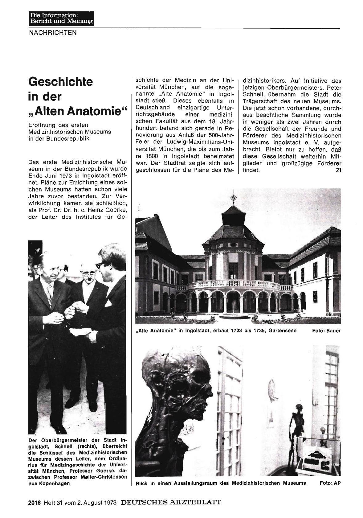 Vorschauseite 1: Geschichte in der „Alten Anatomie": Eröffnung des ersten Medizinhistorischen Museums in der Bundesrepublik